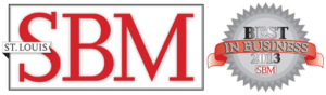 Small business monthly logo large white rectangle with red lettering next to a grey and red prize ribbon