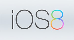 iOS in black font next to a rainbow colored 8 on a silver background