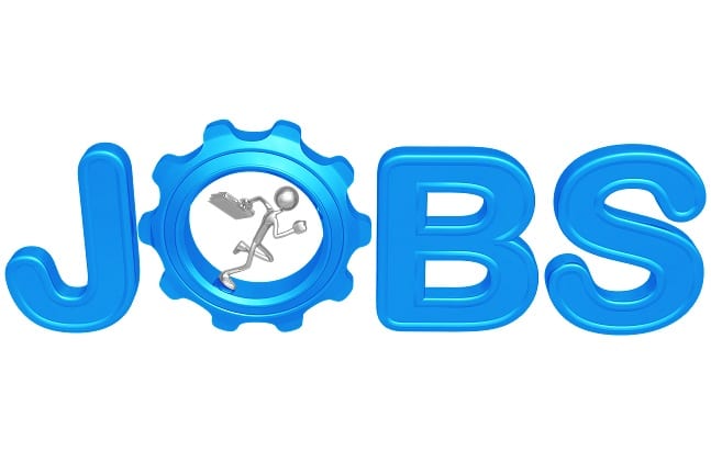 Blog image job in blog font with o being a gear with a running man in it