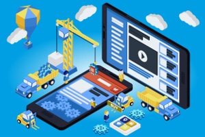 Blog image virtual construction team builds app in phones on blue background