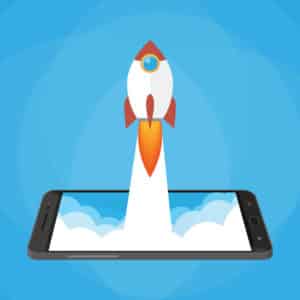 Blog image cartoon rocket ship flying out of a cell phone