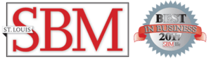 Small business monthly logo large white rectangle with red lettering next to a grey and red prize ribbon