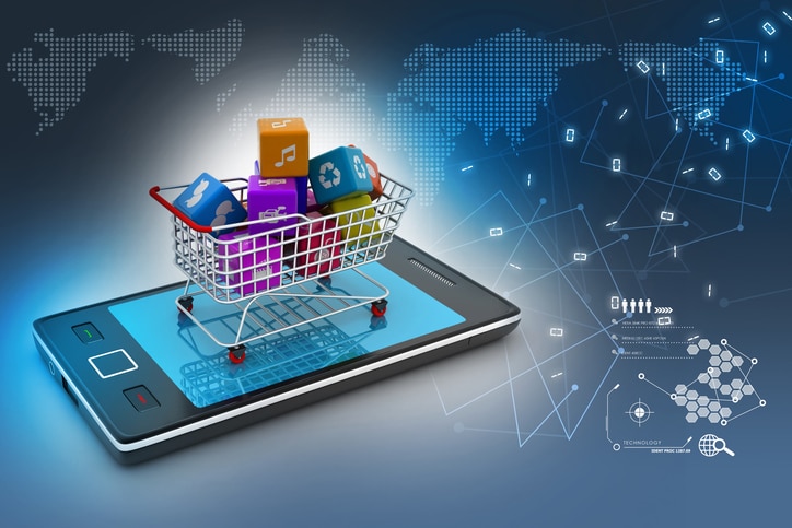 Blog image cartoon shopping basket on a cell phone