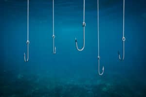 Data protection illustrated as empty fish hooks floating in the sea