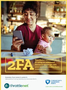 2FA awareness poster - mom on phone and holding baby
