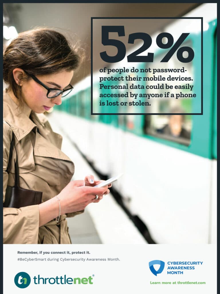 password-protect mobile devices - girl using phone at subway station - cybersecurity awareness poster